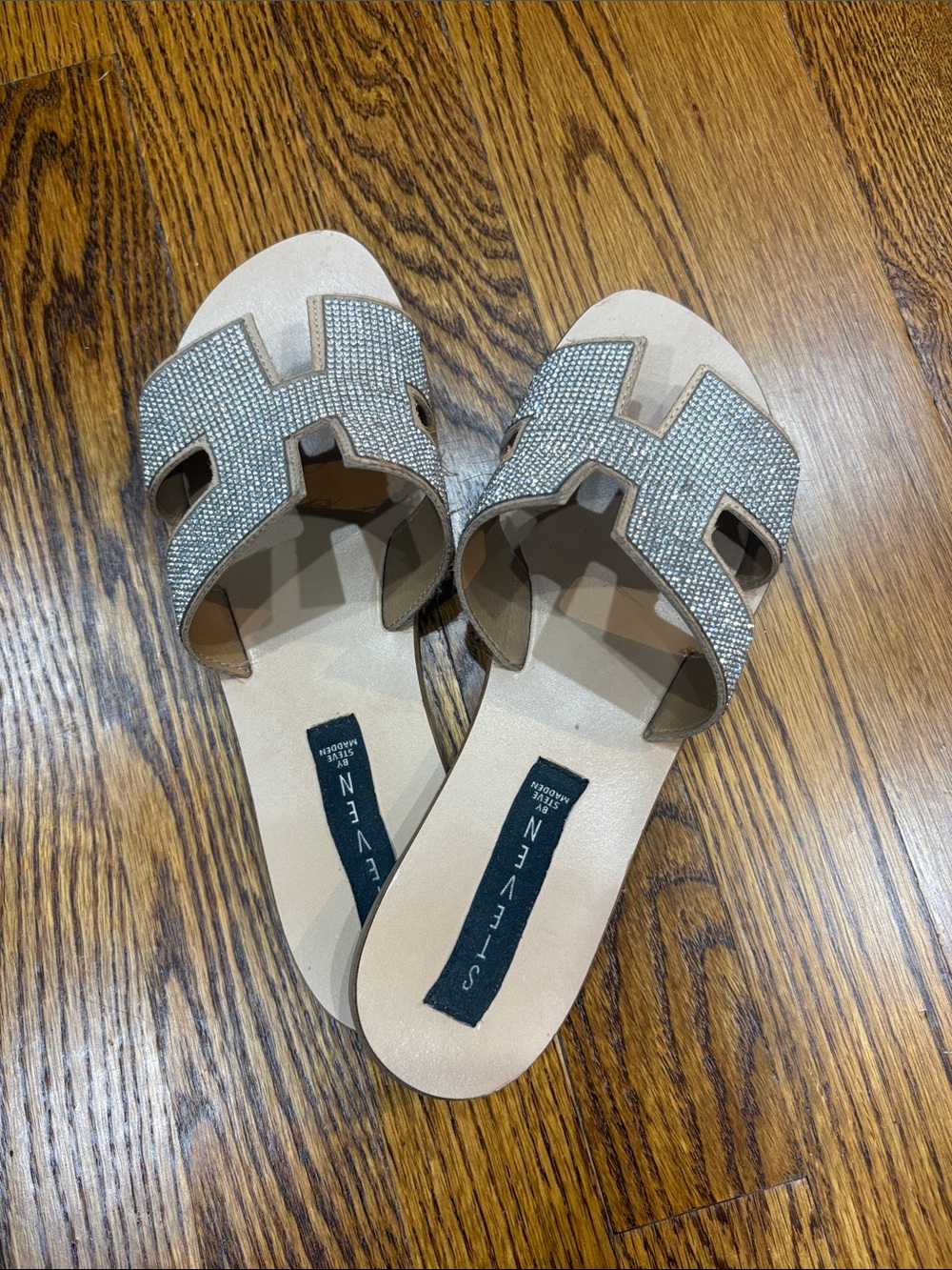 Steven By Steve Madden Natural Crystal-Embellished Slide Sandals